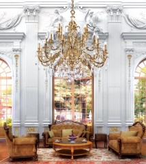 Фигурная позолоченная люстра на 24 свечи с хрустальными подвесками - pos/385