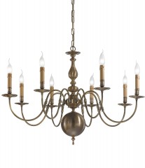 Бронзовая люстра на 8 свечей с тонкими рожками и фигурной осью - pos/349