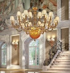 Большая люстра с плафоном из янтарного стекла и 24 светлыми абажурами - pos/323
