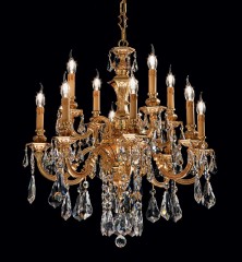 Двухъярусная позолоченная люстра на 12 свечей с ограненными хрустальными подвесками - pos/379