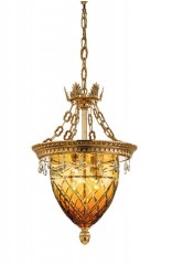 Люстра с плафоном из муранского стекла янтарного цвета с резным декором и подвесками - pos/318