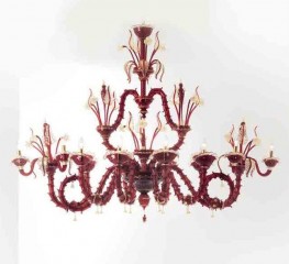 Фигурная люстра из красного муранского стекла с золотистым декором - adm/104