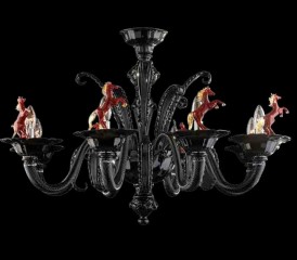 Люстра из черного стекла с фигурками красных коней - adm/154