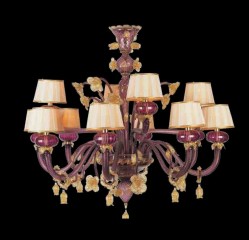 Люстра с 12 абажурами на каркасе из лилового стекла с бежевыми цветами - adm/140