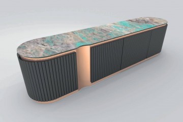 Овальный рифленый черный буфет с мраморной столешницей - vsn/327