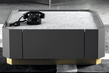Белый мраморный столик на сером подстолье с ящиком - mrz/091