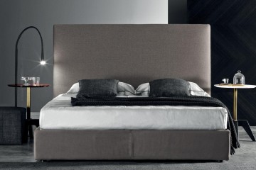 Кровать с высоким мягким изголовьем в серой текстильной обивке - mrz/101