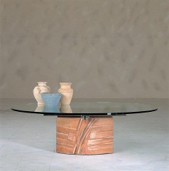 Стеклянный круглый стол на каменной декорированной опоре - lof/289