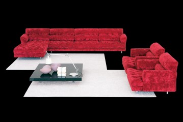 Красный бархатный диван с правой оттоманкой - lof/546