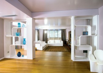 Белоснежная гостиная с дизайнерскими стеллажами - fmf/013