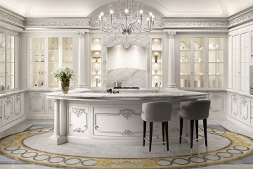 Белая кухня с рельефной серебристой резьбой - fmf/029