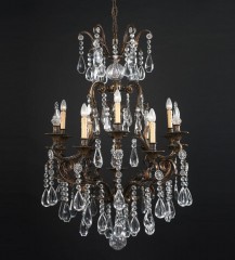 Бронзовая люстра на 9 свечей со сложными подвесками из прозрачного стекла - bad/217
