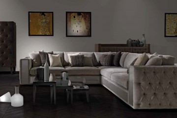 Серый модульный диван с глянцевыми панелями и каретной стяжкой - asn/098