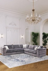 Угловой модульный диван в серой бархатной обивке с каретной стяжкой - asn/151