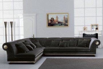 Угловой черный диван с круглыми серебристыми накладками - asn/108