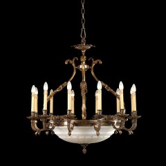 Люстра с бежевой полусферой и кремовыми свечами на бронзовом каркасе - bad/029