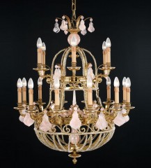 Люстра на фигурном декорированном каркасе с подвесками из розового матового стекла - bad/238