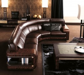 Угловой коричневый кожаный диван с полками на спинке - fln/077