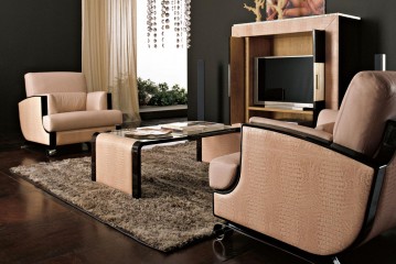 Стол в тисненой бежевой обивке со стеклянной столешницей - fln/037