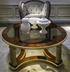 Круглый коричневый стол с фигурной стеклянной вставкой - slk/175