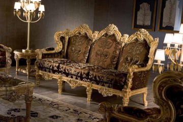 Коричневый бархатный диван на резном позолоченном каркасе - slk/093