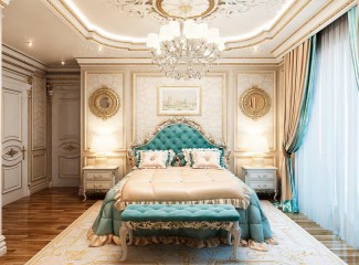 Классическая бежевая спальня с бирюзовыми акцентами - bdl/231