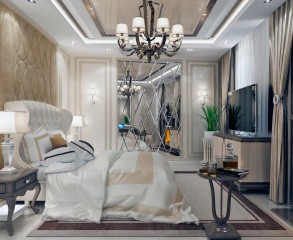 Спальня в контрастных тонах с классическим камином - bdl/228