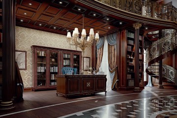 Декорированный кабинет из темного массива с синим креслом - bkk/668