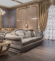 Диван в серой комбинированной обивке с бахромой - prg/079