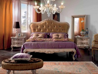 Бежевая резная кровать с мягким золотистым изголовьем - prg/214