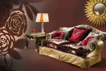 Золотистый диван с фигурной спинкой и подлокотниками-валиками - ezb/485