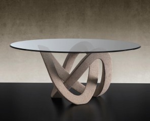 Круглый стеклянный стол на фигурном каменном основании - rfa/146