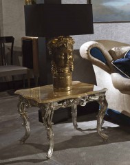 Мраморный столик карамельного оттенка на резном серебристом подстолье - ezb/540