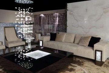 Глянцевый  стол цвета мокко с центральной декорированной подсветкой - rfa/071