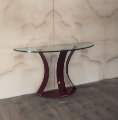 Консоль на фигурном бордовом подстолье с полукруглой стеклянной столешницей - rfa/359