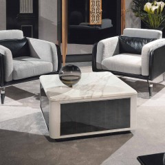 Глянцевый белый мраморный стол на глухом подстолье в отделке макассаром - ezb/551