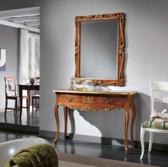 Консоль орехового оттенка с 2 ящиками и позолоченной резьбой - mdg/0661