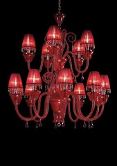 Красная двухъярусная люстра с абажурами - sbbg/0287