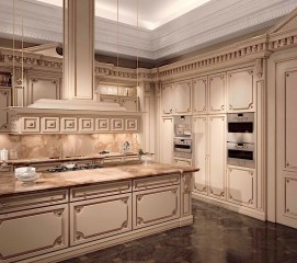Кухня-столовая цвета кофе с молоком с тонированным резным декором - mdg/1245
