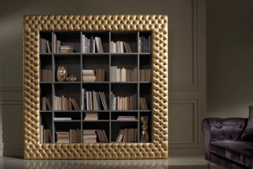 Книжный шкаф на двадцать три полки, с фасадом, обитым кожей золотого цвета - mdvh/0105