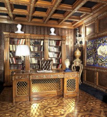 Кабинет с книжным шкафом, кожаным креслом, письменным столом и стендом - mfmn/0531
