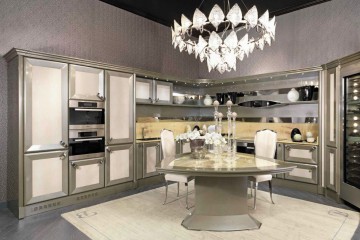 Кухня со столом и шкафом с открытыми полками с мраморными инкрустациями - mbml/0002