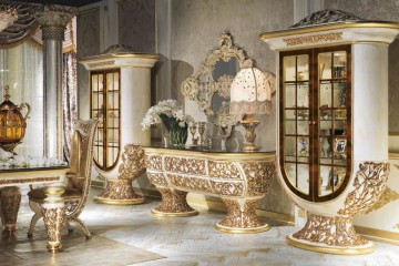 Буфет молочного цвета с коричневой столешницей и золотой отделкой - mcpt/336