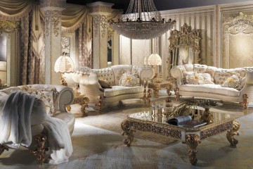 Гарнитур для гостиной в белых тонах с мебелью с толстыми спинками и резными ножками - mcpt/257