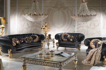 Гарнитур для гостиной с черной мягкой мебелью с золотой отделкой - mcpt/263