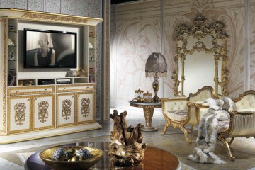 Гостиная в молочно-золотых тонах с кожаной мебелью и шкафом для ТВ - mcpt/278