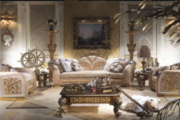 Гарнитур для гостиной в бежевых тонах с золотой отделкой по бокам мебели - mcpt/319