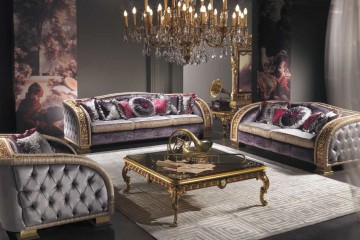 Гарнитур для гостиной в серо-лиловых тонах с золотым резным узором - mcpt/426