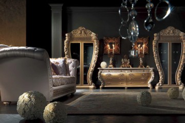 Гарнитур для гостиной с лиловым диваном, резными витриной и комодом - mcpt/39