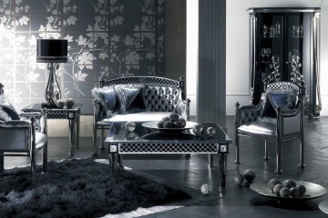 Гарнитур для гостиной с креслами, диваном и квадратным столом в серебристо-черных тонах - mcpt/87